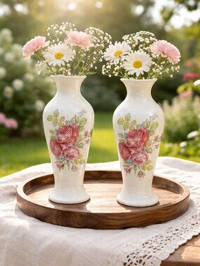 Pair of Vintage Royal Castle Staffordshire Rose Vase's, English Bone China
